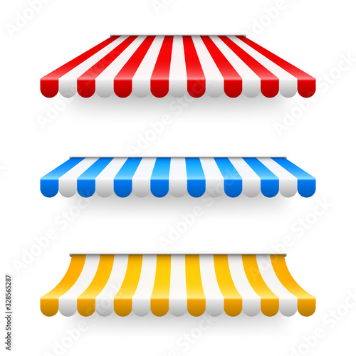 Shop sunshade. Realistic striped cafe awning. Outdoor market tent. Roof canopy. Summer street store. Vector illustration.