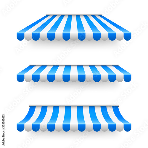 Shop sunshade. Realistic striped cafe awning. Outdoor market tent. Roof canopy. Summer street store. Vector illustration.