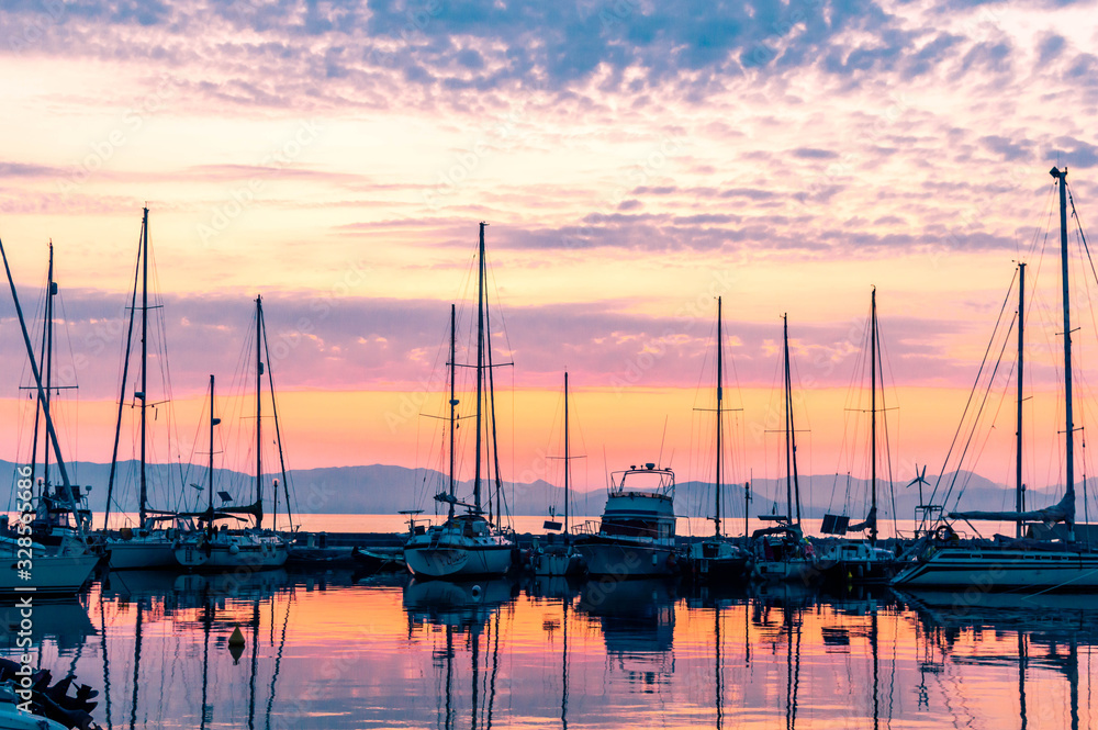 Sunset on Corfu . Yachts.