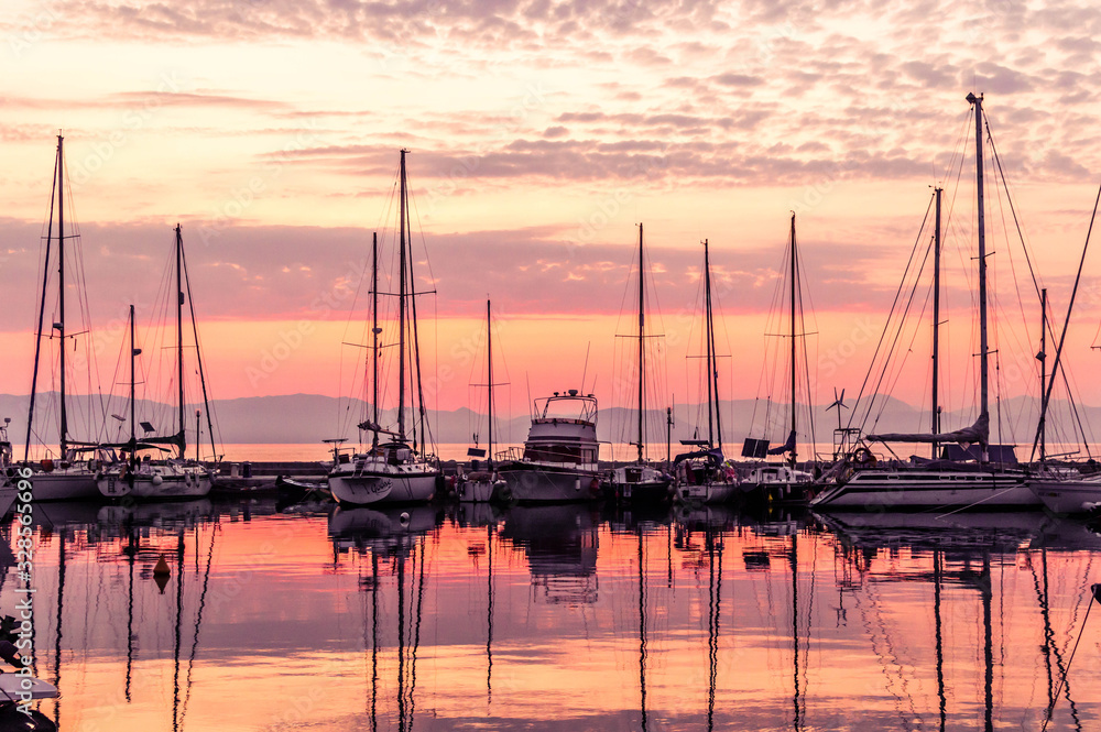 Sunset on Corfu . Yachts.