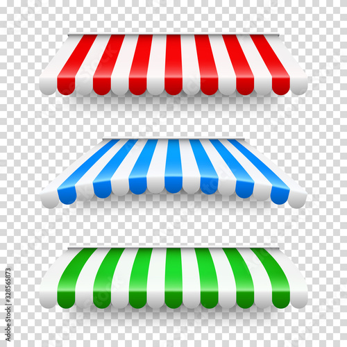 Shop sunshade. Realistic striped cafe awning. Outdoor market tent. Roof canopy. Summer street store. Vector illustration.