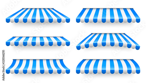 Shop sunshade. Realistic striped cafe awning. Outdoor market tent. Roof canopy. Summer street store. Vector illustration.