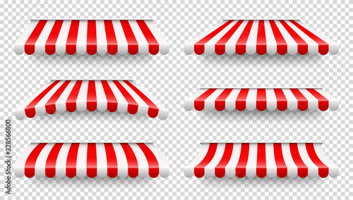 Shop sunshade. Realistic striped cafe awning. Outdoor market tent. Roof canopy. Summer street store. Vector illustration.