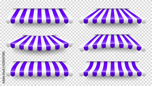 Shop sunshade. Realistic striped cafe awning. Outdoor market tent. Roof canopy. Summer street store. Vector illustration.