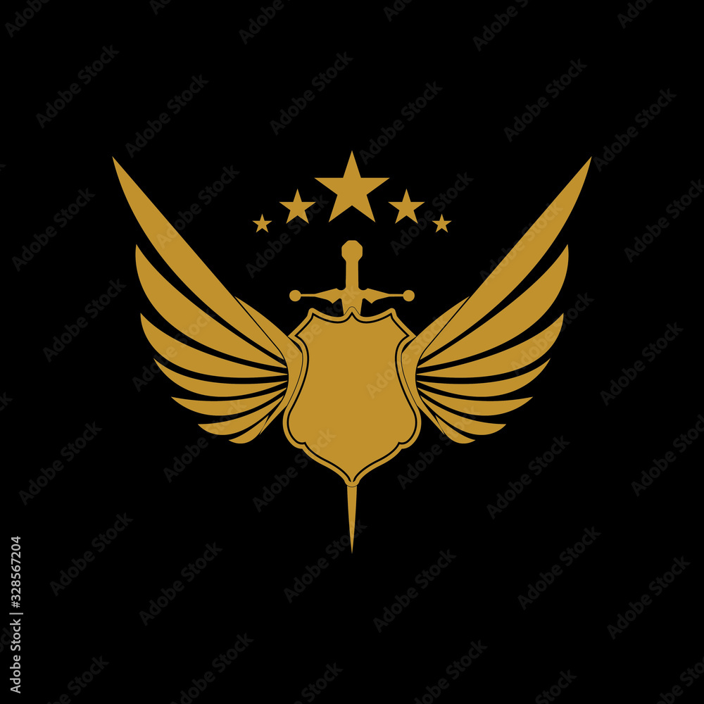 Gold winged sword with shield vector icon. Gold winged sword with shield vector icon.