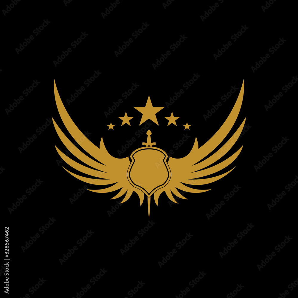 Obraz premium Gold winged sword with shield vector icon.