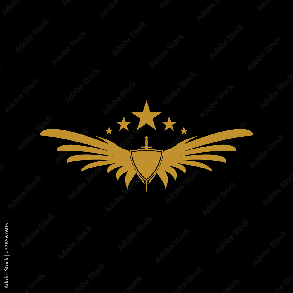 Gold winged sword with shield vector icon. Gold winged sword with shield vector icon.