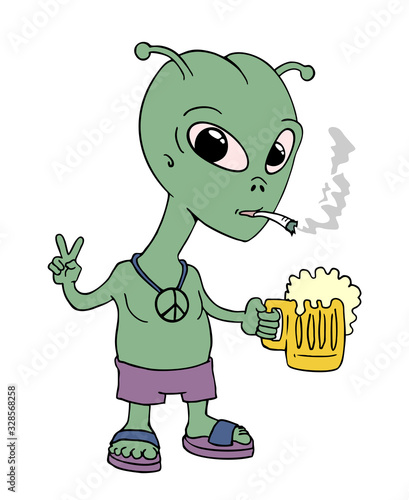 Funny alien smoking and with beer
