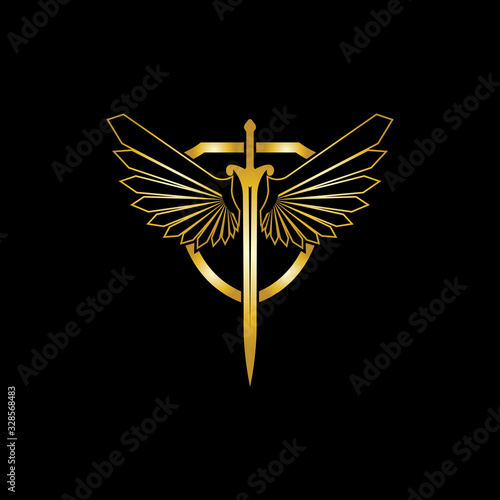 Gold winged sword with shield vector icon.