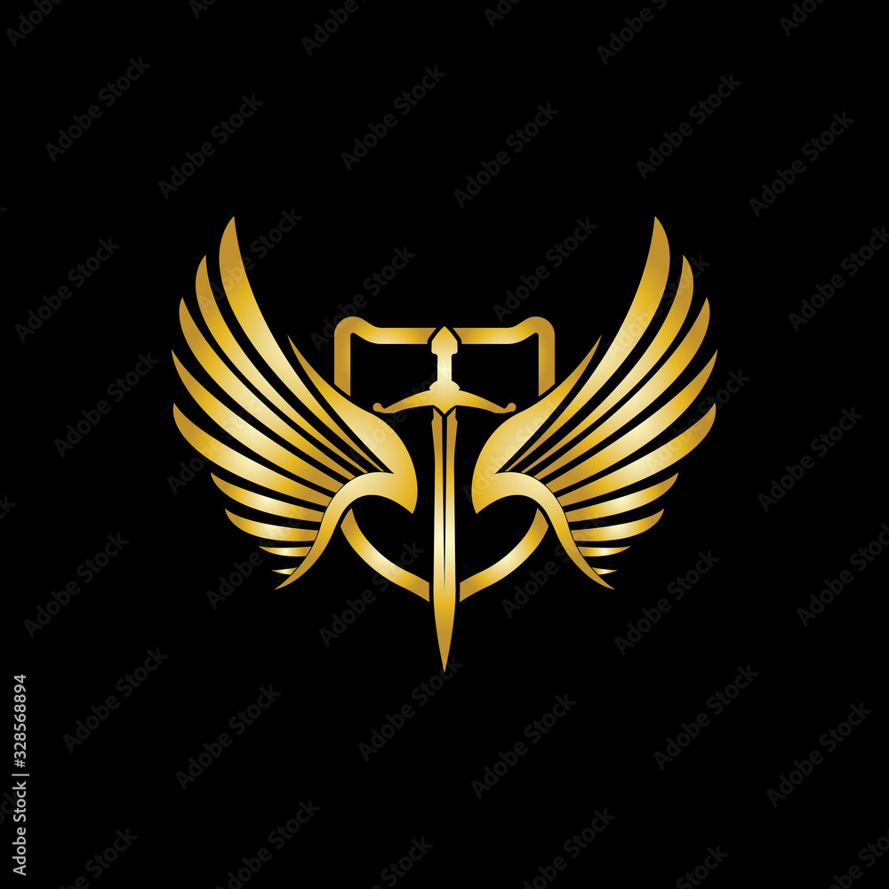 Gold winged sword with shield vector icon. Gold winged sword with shield vector icon.