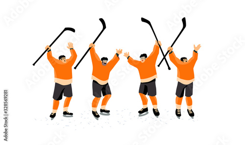 Ice hockey players celebrate the victory. Team holding sticks above their heads. 