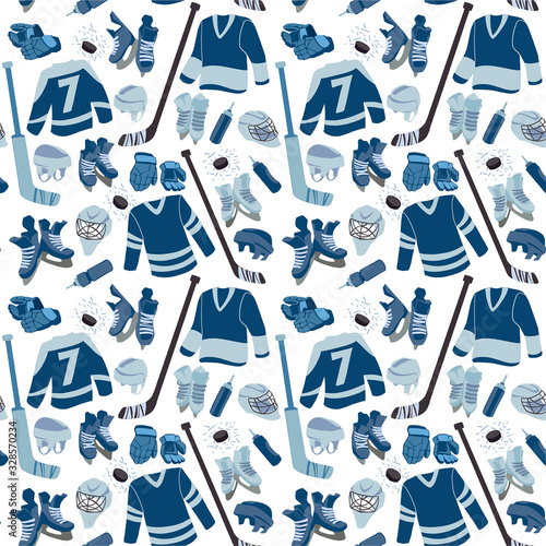 Ice Hockey seamless hand drawn pattern. Puck, equipment of hockey player with hockey-stick. 