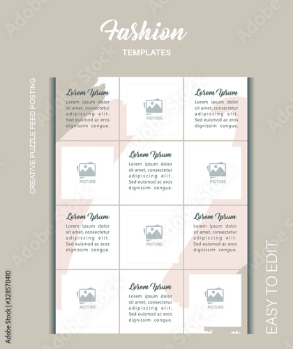 modern social media post feed, instagram feed, blue, pink, orange,  green, fashion,  minimalist.