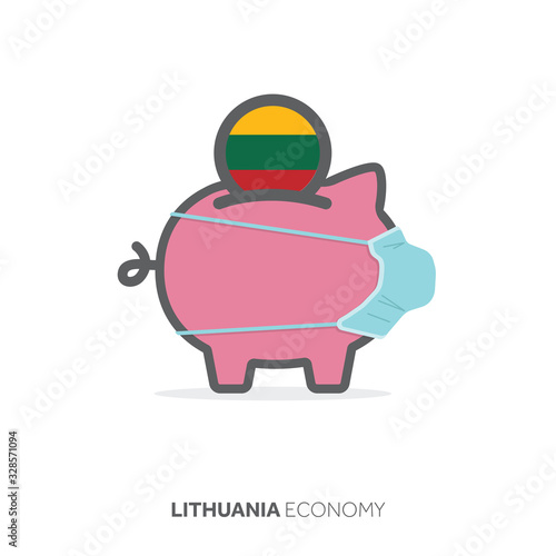 Lithuania healthcare savings. Piggy bank with medical face mask