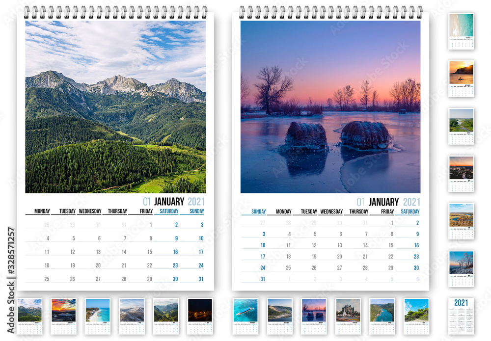 2021 Wall Calendar Layout with Blue Accents Stock Template | Adobe Stock