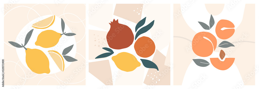 Fototapeta Abstract still life in pastel colors posters. Collection of contemporary art. Abstract paper cut elements, fruits for social media, postcards, print. Hand drawn apricot, pomegranate, lemons.