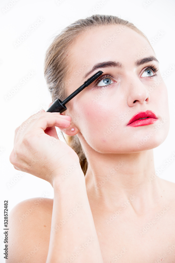 Portrait of beautiful woman on white background