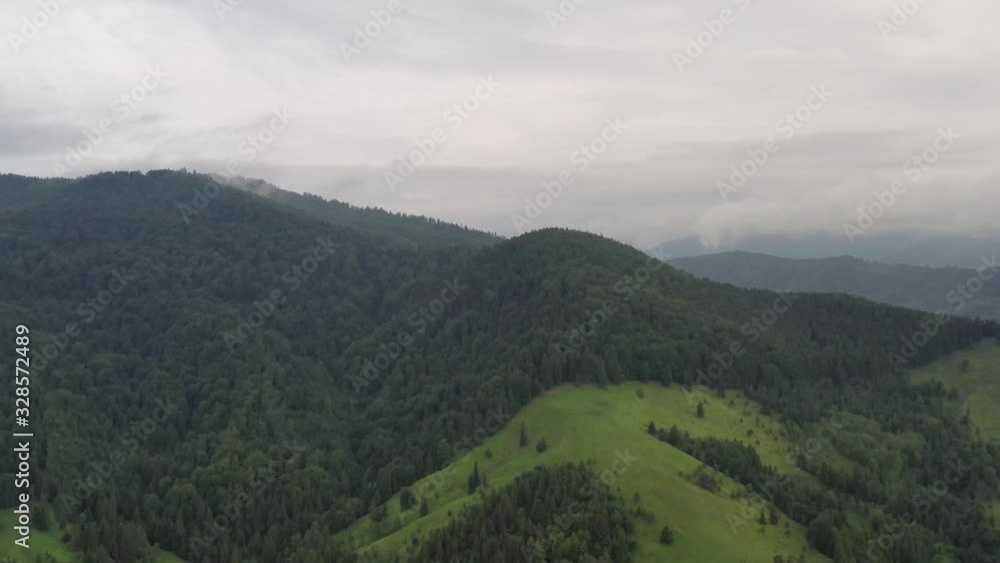 Flying drone after rain, aerial scene of mountain summer scene Flying drone after rain, aerial scene of mountain summer scene