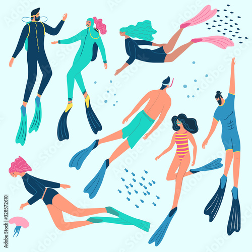 Scuba diving club vector bundle. People swimming in ocean. Woman and man in a wetsuit or swimsuit snorkeling and exploring sea ​​bottom.