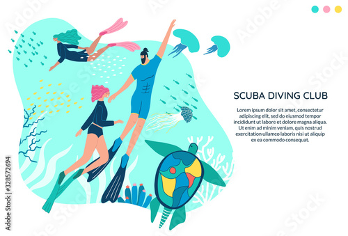 Scuba diving club vector banner with space for text. People swimming in ocean. Woman and man in a wetsuit or swimsuit snorkeling and exploring sea ​​bottom, fishes, corals, turtles. Water sports.