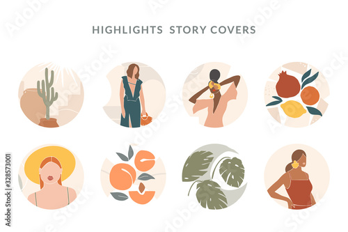 Collection of highlight story covers for social media. Round vector backgroungs, elements and icons with woman, abstract shapes, clip art, lines, floral details, texture for your blog or website.