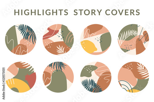 Collection of highlight story covers for social media. Pastel hand drawn backgrounds. Round elements and icons with dots, abstract shapes, lines, floral details, texture for your blog or website.
