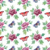 Graceful flowers with leaves and butterflies on a white background. Seamless watercolor pattern. Beautiful peony flowers drawn for printing on a postcard, paper, textile. Botanical pattern