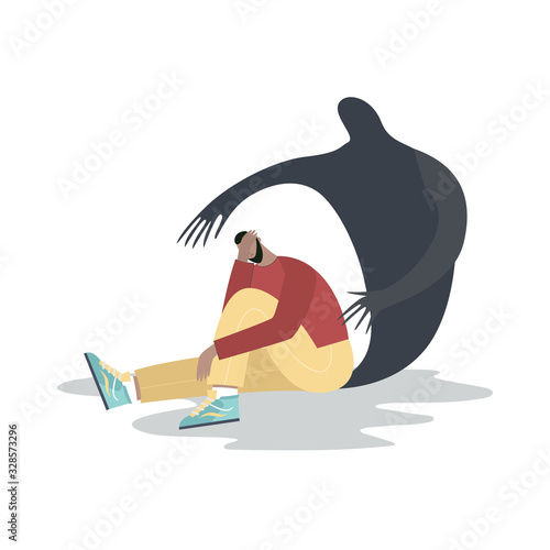 Man with obsessive thoughts, anxiety, fears. Mental Disorder and Emotional Problems, Mental health issues concept. Flat cartoon vector illustration.