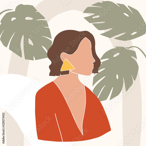 Abstract female shapes and silhouettes on retro summer background. Abstract women portraits in pastel colors. Contemporary art. Fashion paper cut elements for social media, posters, postcards, print.