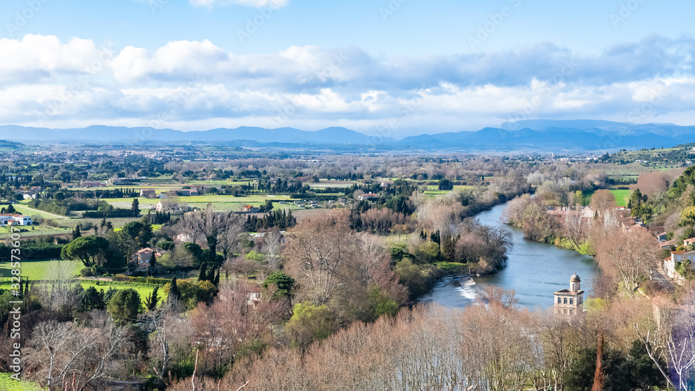 Fototapeta premium Béziers in France, panorama of the river Orb and the campaign, view from the cathedral