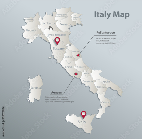 Italy map, administrative division with names, blue white card paper 3D vector