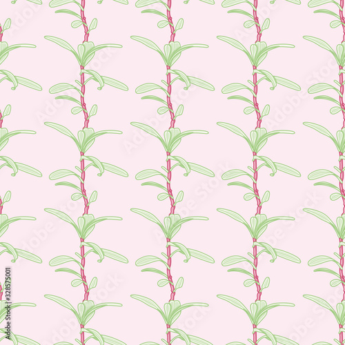 Sprout lattice vector repeat pattern. Thin long leaves plant seamless illustration background.