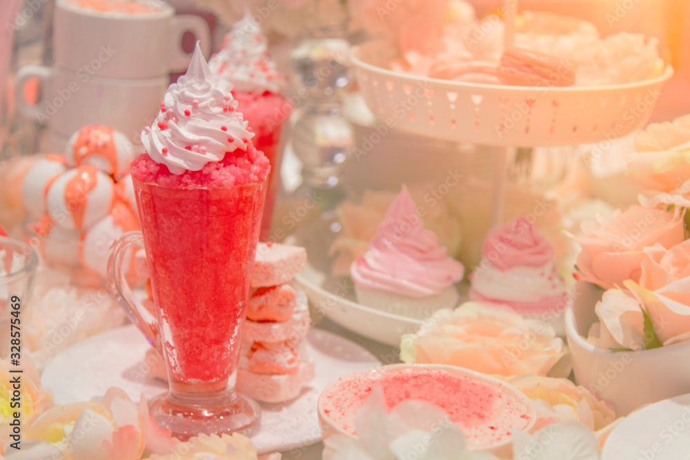 strawberry fruit juice with ice and cream on high glass strawberry fruit juice with ice and cream on high glass