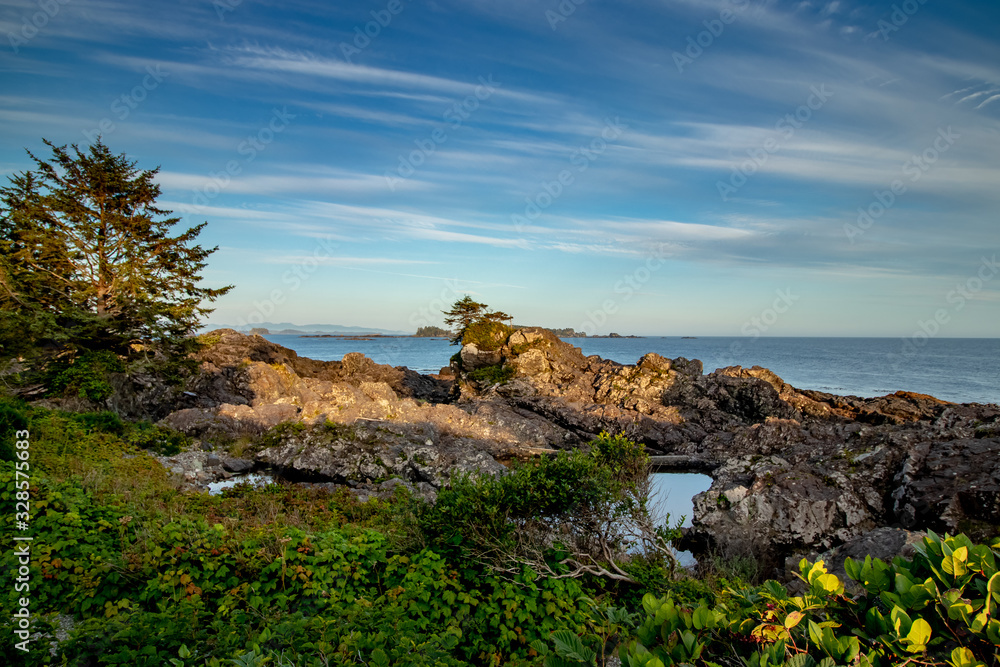 Calm Pacific ocean near the lighthouse, Ucluelet, Vancouver Island, BC, Canada