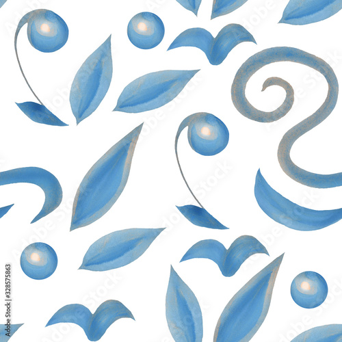 Seamless pattern on white background abstract shapes, blue watercolor ornament with decorative spots and patterns. The artistic texture is suitable for textiles. Hand drawn watercolor 