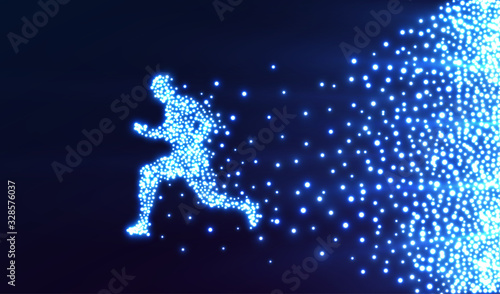 Man running in the air, Breakthrough concept, glowing light particles composition. Vector illustration.