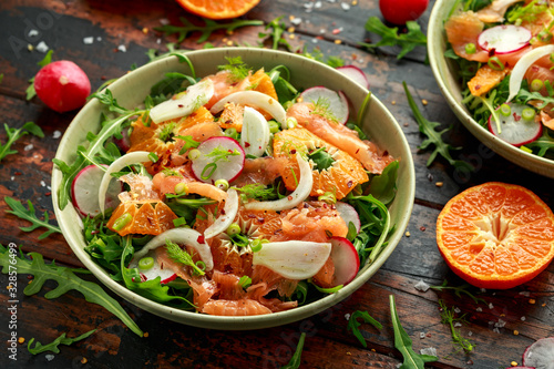 Smoked salmon and fennel salad wild rocket, radishes and sweet clementines