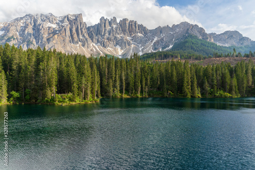 Lago di Carezza mountain lake in the Dolomites.