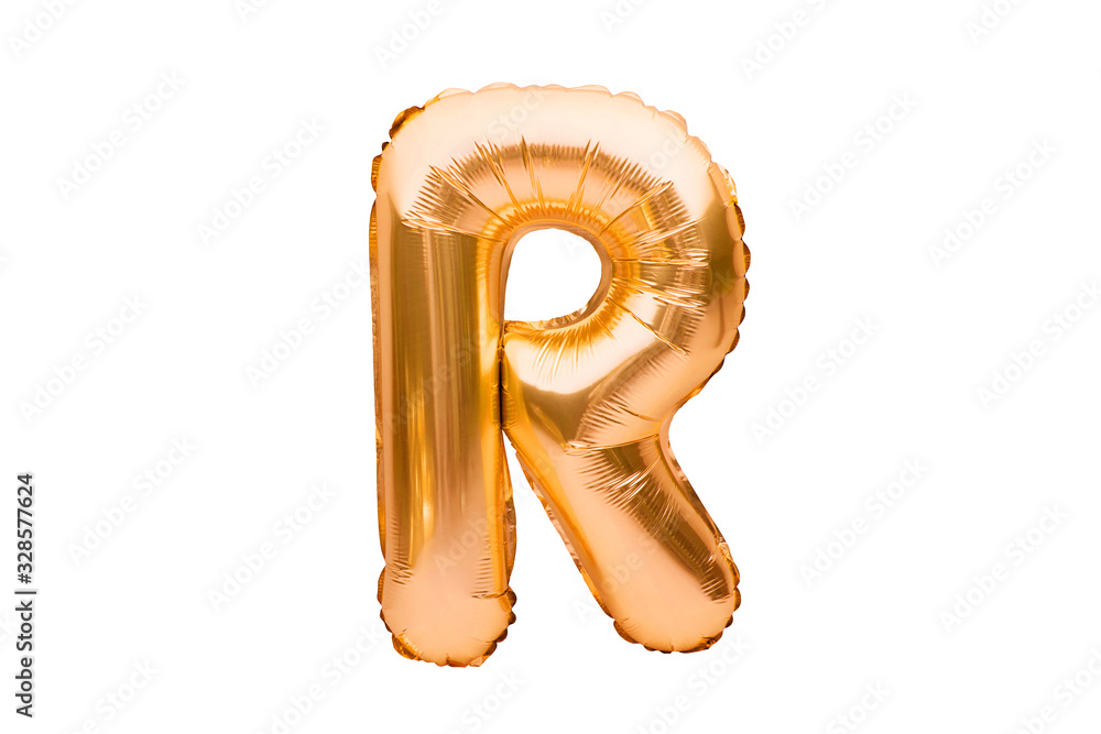 Letter R made of golden inflatable helium balloon isolated on white. Gold foil balloon font part of full alphabet set of upper case letters. Celebrating decoration