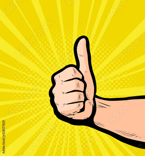 Thumbs up, success. Retro comic pop art vector illustration