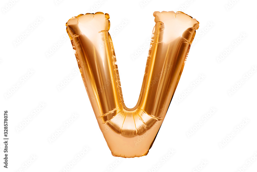 Letter V made of golden inflatable helium balloon isolated on white. Gold foil balloon font part of full alphabet set of upper case letters. Celebrating decoration Letter V made of golden inflatable helium balloon isolated on white. Gold foil balloon font part of full alphabet set of upper case letters. Celebrating decoration
