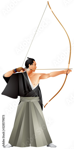 Kyudo, Japanese martial art of archery master, kyujutsu, Japan asymmetrical longbow Yumi, traditional samurai clothes, sportsman in sport uniform