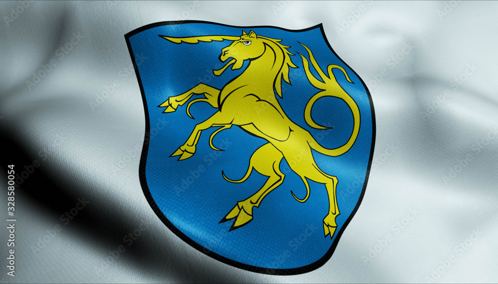 Fototapeta premium 3D Waving Germany City Coat of Arms Flag of Giengen Closeup View