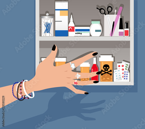 Teenage girl's hand reaching for a dangerous drug in a medicine cabinet, EPS 8 vector illustration