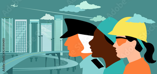 Profile of female police officer, healthcare worker and construction worker with a city landscape background, EPS 8 vector illustration