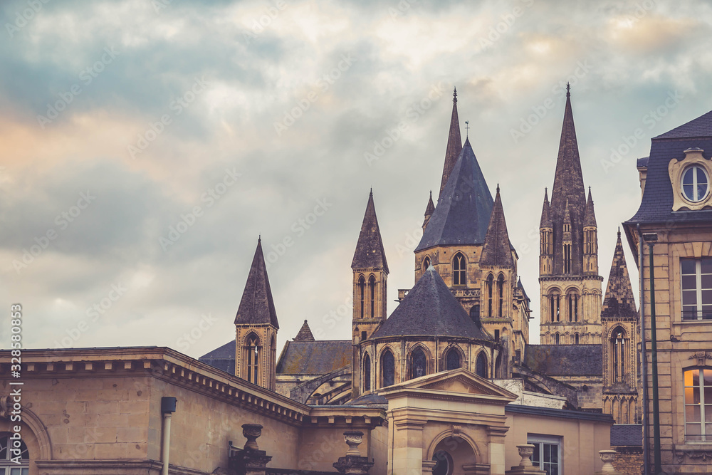 Roof view of the cathedral of Caen in France, Normandy region.
