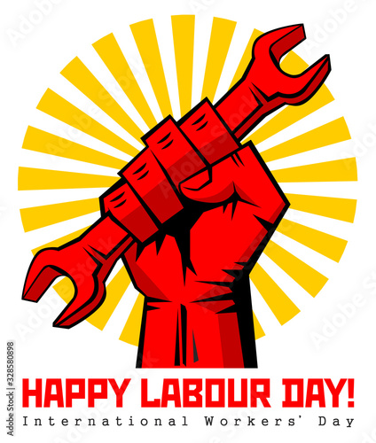 Happy labour day vector label with strong red fist with wrench. Happy labor day, workers' day, may day poster or greeting card. Illustration, vector
