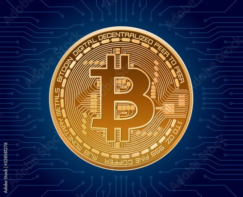 realistic vector bitcoin crypto currency illustration on blue background