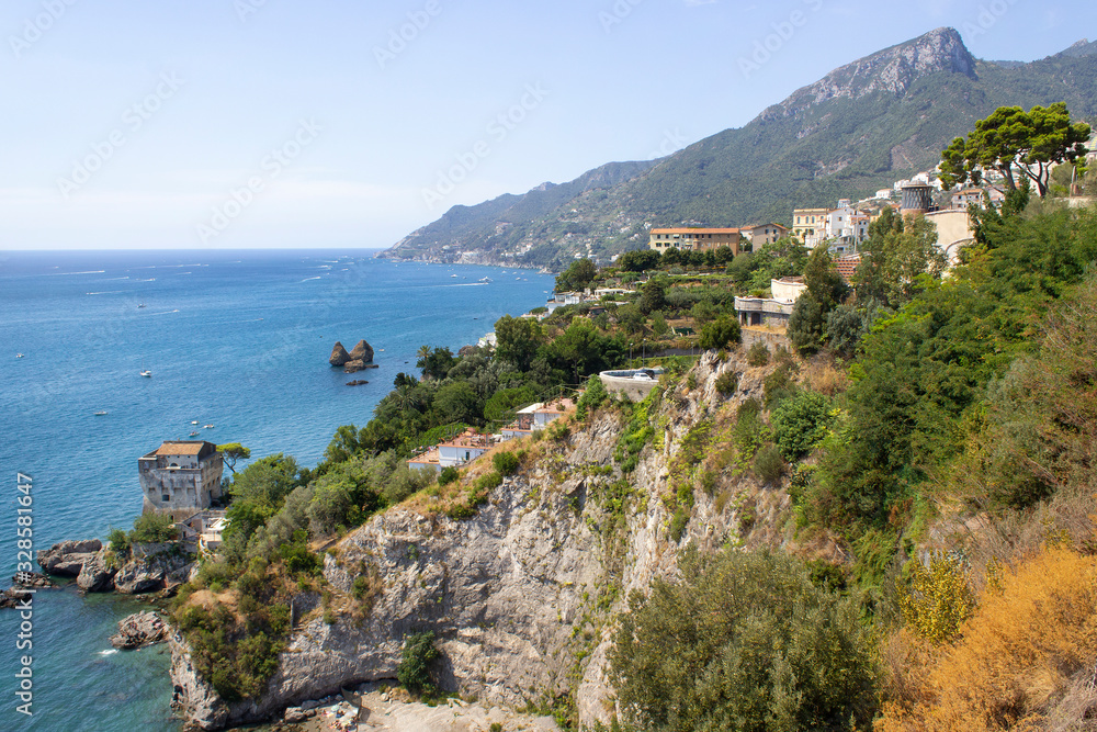 Beautiful panorama view of nature  rocky mountain summer south Italy coast with blue sea water horizon 