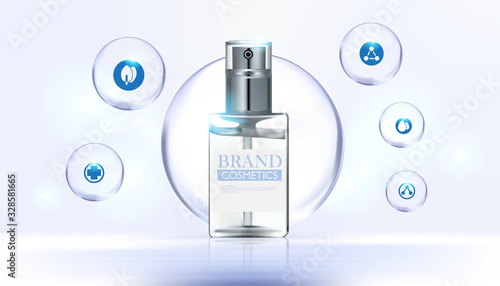 glass bottle cosmetic products with drop water on cyan